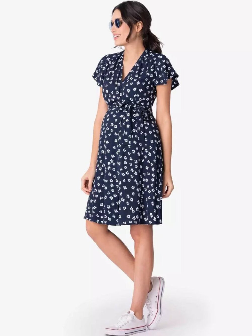 Seraphine Navy and White Flutter Sleeves Maternity Wrap Dress Size 10
